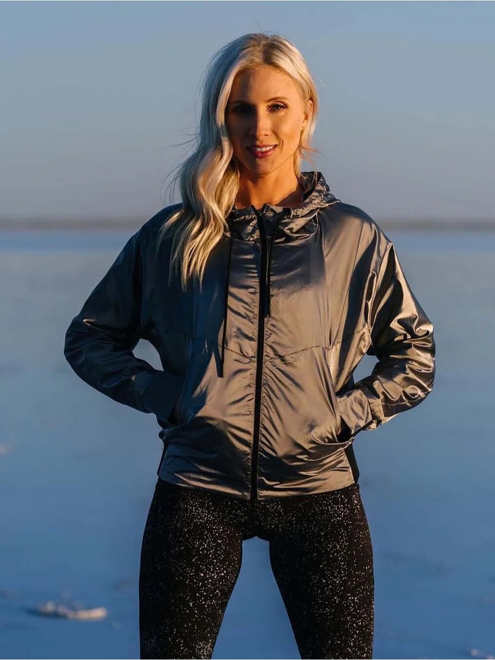 ZYIA Active Silver Galaxy Jacket Medium Metallic Hooded Windbreaker